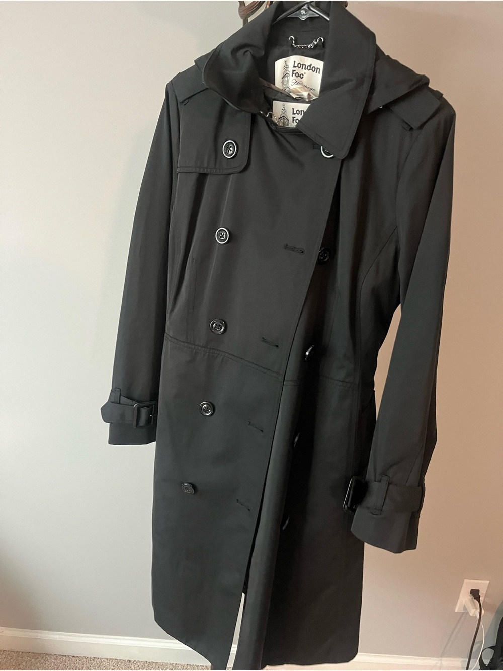 London Fog Black Double-Breasted Hooded Trench Coat